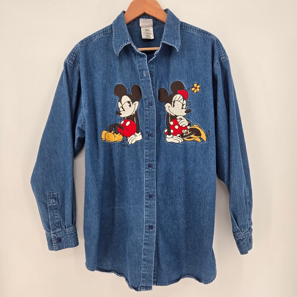 Disney Store Mickey & Minnie Embroidered Denim Button‑Down Shirt – Large